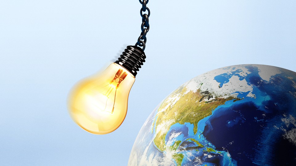 a lightbulb on a chain swinging toward the earth