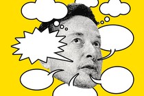 A black-and-white picture of Elon Musks's face surrounded by cartoon speech bubbles, set against a yellow background