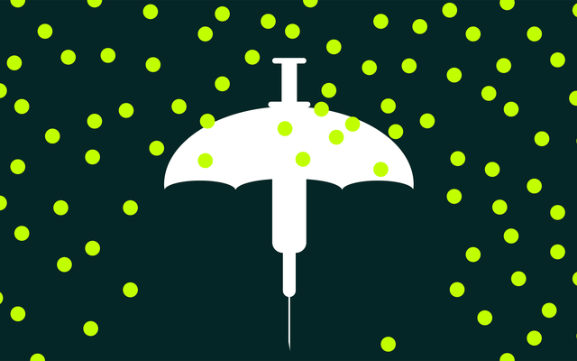A vaccine umbrella surrounded by green dots