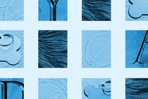 A grid of blue images showing fur, water, dog tags, and letters engraved as if on a tomb stone