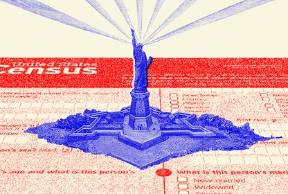 An illustration of the U.S. census and the Statue of Liberty