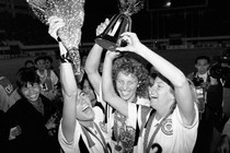 A photo of soccer players celebrating after the 1991 World Cup.