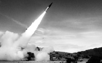 Black-and-white photo of an Army Tactical Missile System shot into the sky