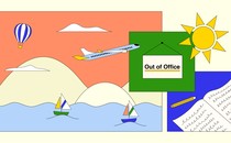 An illustration with a sun, a plane, a notebook, and an "Out of Office" sign