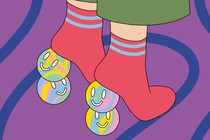 An illustration showing a woman in socks raised on her toes with her heels supported by smiling faces.
