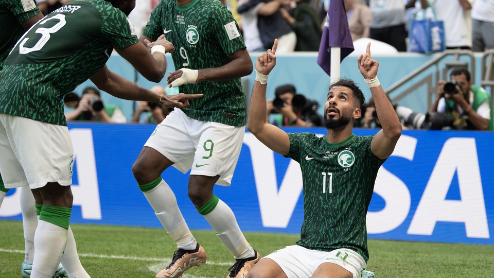 Saudi Arabia's Saleh Al Shehri celebrates scoring against Argentina