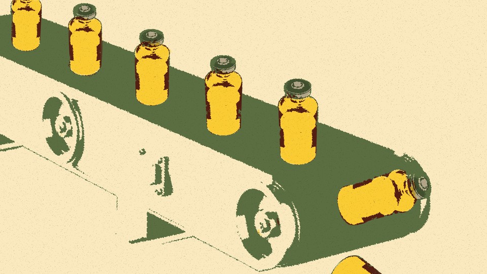 Illustration showing yellow medicine bottles moving along green conveyor belt