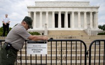 A National Parks worker in front of the blocked-off Lincoln Memorial in Washington, D.C.