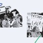 Two black-and-white images of a protest in support of Israel and a protest in support of Gaza against a light-blue background, with blue and green crayon markings
