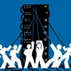 An illustration of a rebellious mob of bright-white silhouettes pulling down a stack of black data-center racks by their chords, on a blue background..