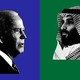 An illustration juxtaposing pictures in profile of Mohammed bin Salman and Joe Biden