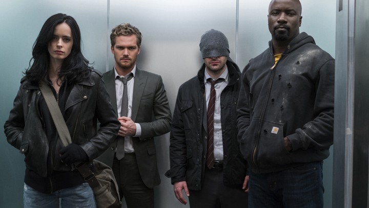 Jessica Jones (Krysten Ritter), Iron Fist (Finn Jones), Daredevil (Charlie Cox), and Luke Cage (Mike Colter)
