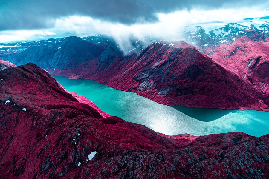 An elevated view of a mountain fjord, with the trees and grasses colored reddish-pink