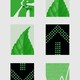 A grid of leaves, investment charts, arrows, and wind turbines