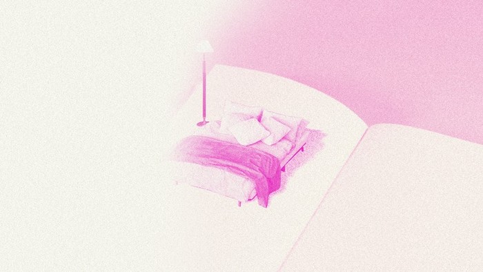 Illustration of a rumpled bed on the blank page of a book