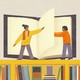 Two women stand on top of a huge bookshelf, helping each other turn the page of a large book