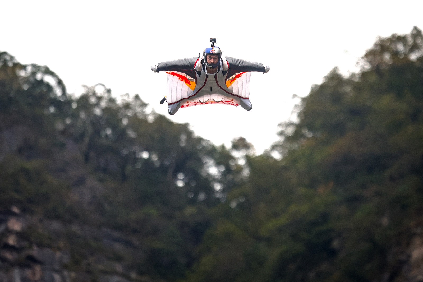 A person wearing a wingsuit flies overhead, with trees in the background.