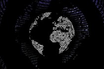 A spinning globe made of coding text