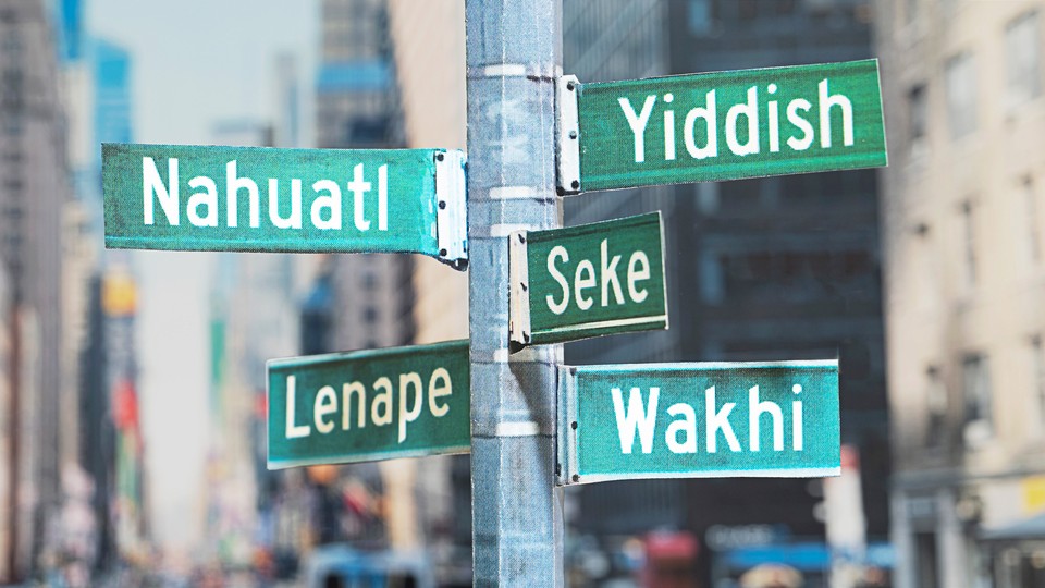 New York City street signs that mention different languages: Nahuatl, Yiddish, Seke, Lenape, Wakhi