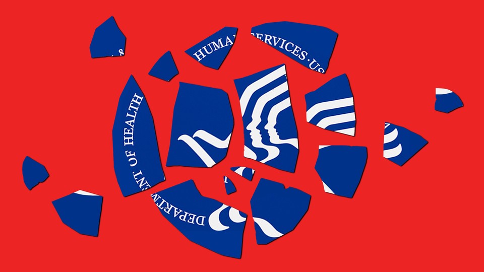Illustration of the HHS's logo broken into pieces against a red background