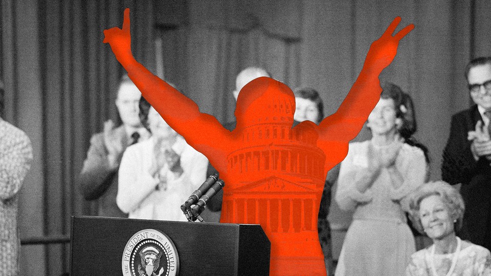 A cutout of Richard Nixon making V for Victory hands