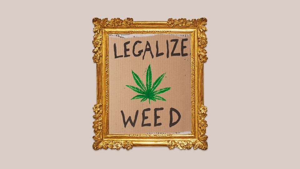 A "Legalize Weed" sign inside a golden frame