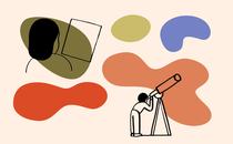 Colorful blobs behind an illustration of a person reading a paper and another person looking through a telescope