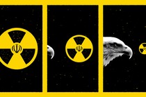 A triptych illustration in which an American eagle approaches an Iranian nuclear symbol.