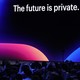 Mark Zuckerberg speaks onstage in front of a sign that says "The future is private."