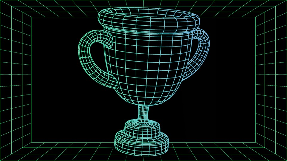 A green-screen-style illustration of a matrix-ified trophy