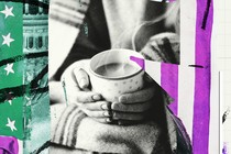 Collage that includes white stars on a green background, purple stripes, an inverted image of the Capitol dome, marker scribbles, and a black-and-white photo of a person holding a cup of coffee