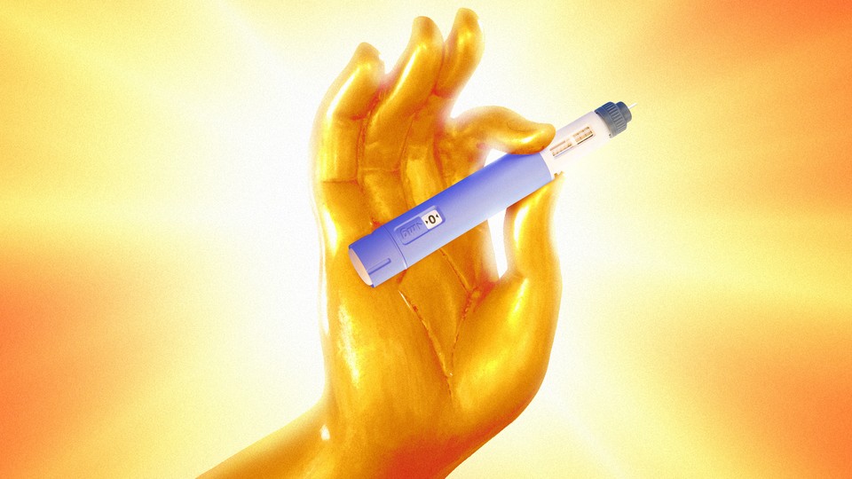 A golden hand in the lotus position holds a GLP-1 drug injector.