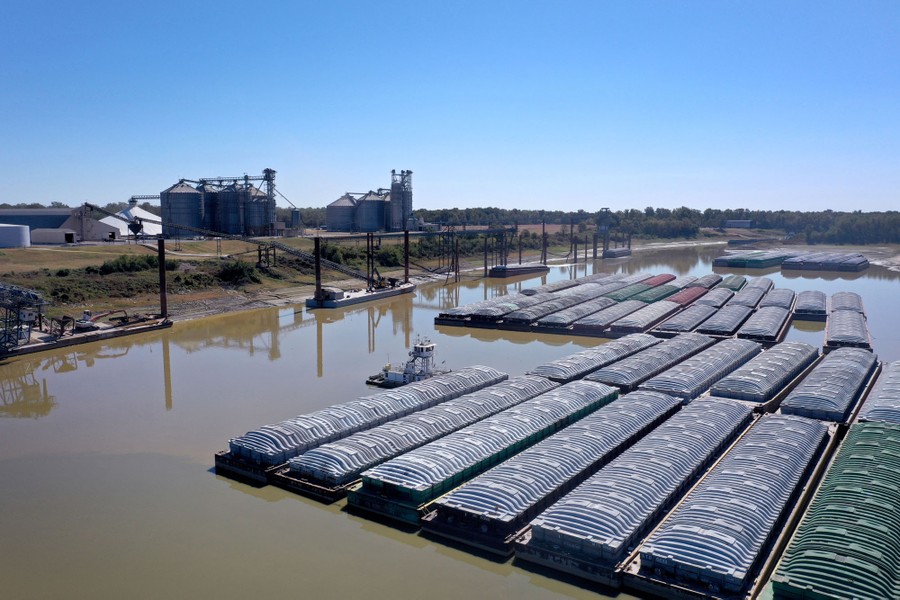 A couple dozen barges sit in low river water.
