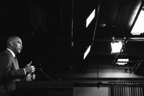 Black-and-white photo of Hakeem Jeffries speaking