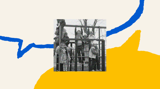 A cream background has the blue outline of a conversation bubble dropping down from the top and a yellow filled in conversation bubble extending up from the bottom. In the middle is a black and white photograph of about 7 white children in autumn clothing hanging on to different parts of a jungle gym.