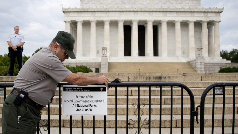 A National Parks worker in front of the blocked-off Lincoln Memorial in Washington, D.C.