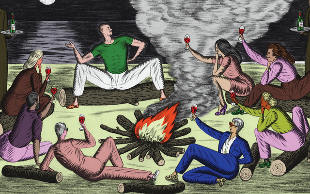 Illustration in style of color woodcut of people sitting on logs around wood bonfire on beach at night raising glasses of red wine with butlers serving in background.