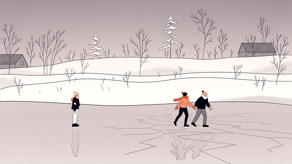 An illustration of a man and a woman holding hands while ice-skating, while another woman watches on.