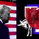 An illustration featuring a photomontage of Donald Trump and Republican and Democratic party symbols