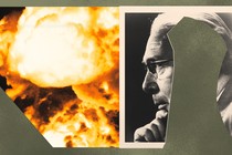 Collage of a mushroom cloud and an image of Leo Szilard