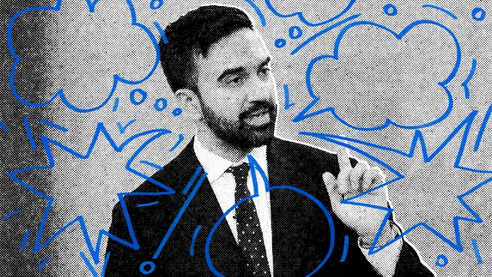 An illustration of Zohran Mamdani speaking with sketches of thought bubbles.