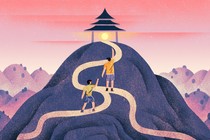 illustration of two friends climbing a mountain
