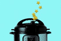 A graphic illustration of an Instant Pot with gold stars coming out of its steam spout.