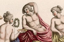 Illustration of two topless women draped in robes making an offering to a topless man in robes