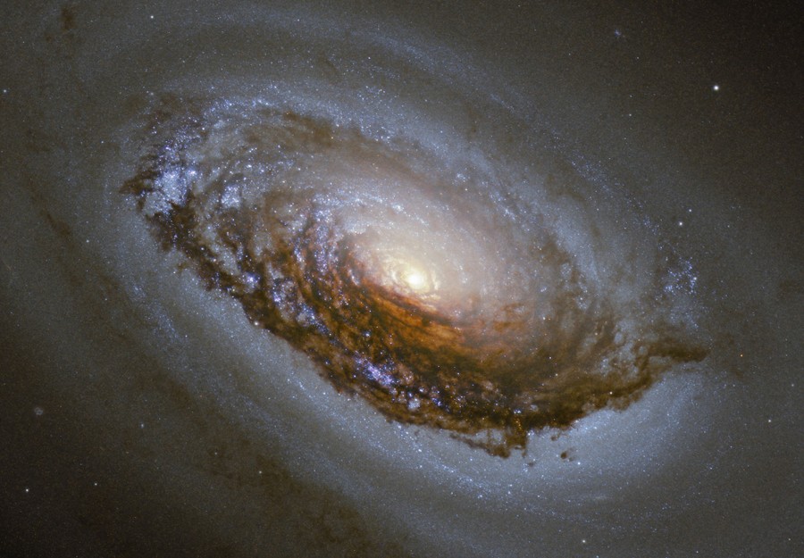 A distant galaxy, dominated by dark bands of swirling clouds.