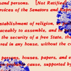 An illustration of virus particles overlaid with the text of the Constitution