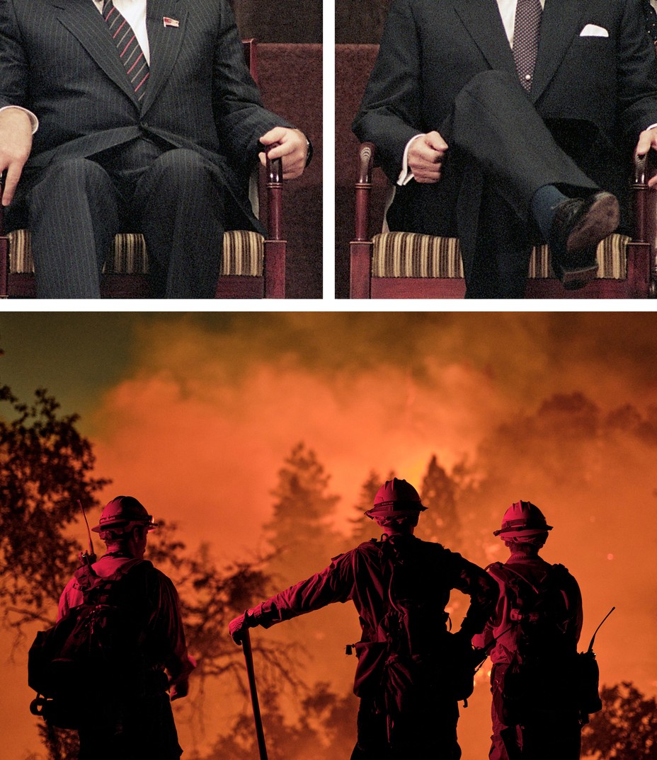 triptych of politicians and firefighters