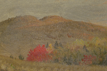 A painting of a mountain landscape with a dash of red foliage in the center