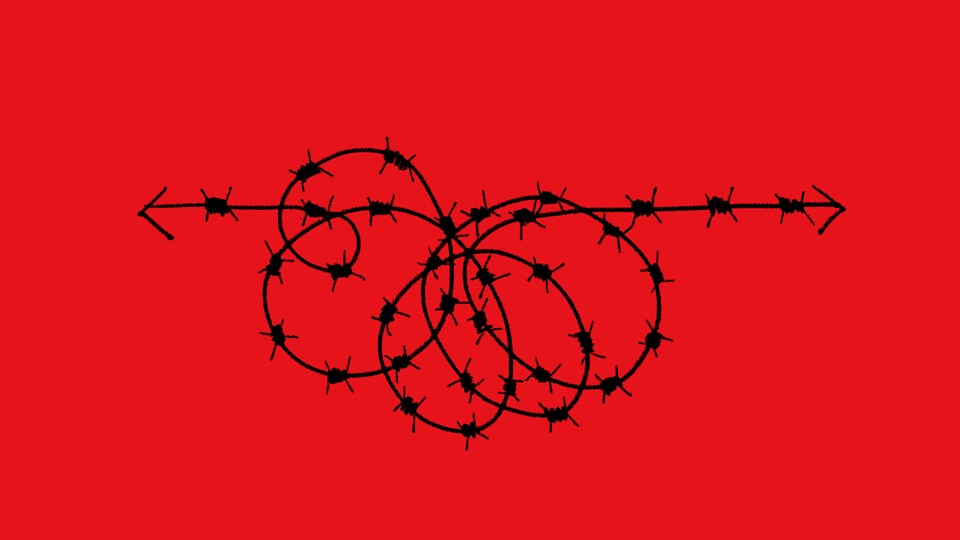 Entangled barbed wires, but they're actually arrows pointing in opposite directions