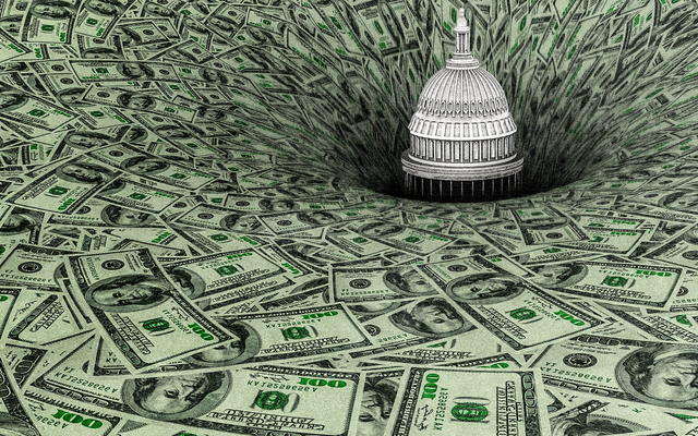 An illustration of hundred dollar bills funneling down a hole with the U.S. Capitol building inside of it.
